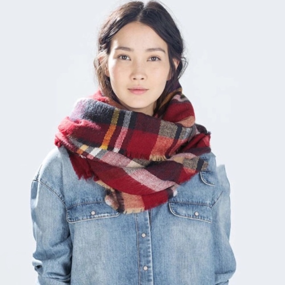 Cranberry Ultra Plush Plaid Blanket Scarf - Picture 1 of 4